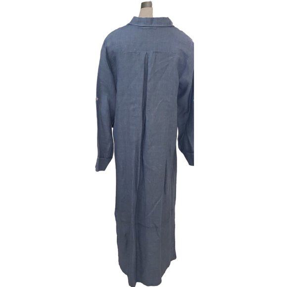 CT517 Linen 100% Italian Blue Maxi Long Sleeve Button Down Dress S/M - Picture 3 of 7